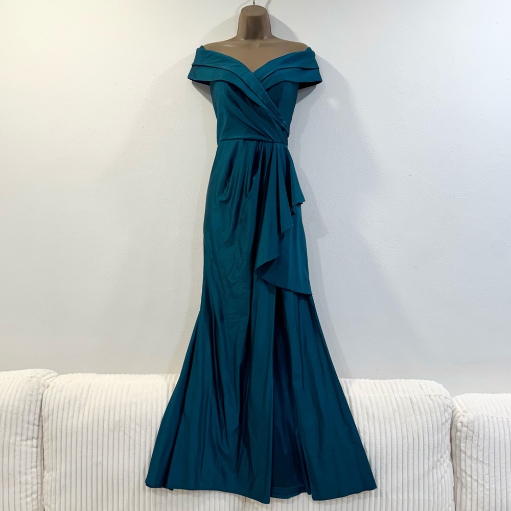 Teal off the shoulder formal prom dress with leg slit SIZE 6